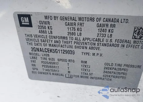 2016 Chevrolet Equinox Lt z USA, uszkodzony, nr VIN 2GNALCEK5G1129039